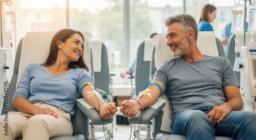 A man and woman smiling at each other while donating blood in a clinic. The atmosphere is friendly and supportive, promoting community health.