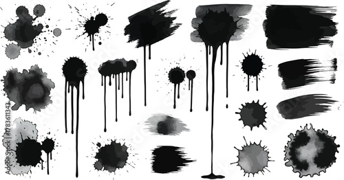 Collection of black ink splatters drips and brush strokes ink drips abstract