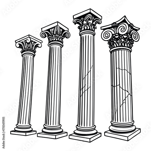 engraving ancient columns on white background