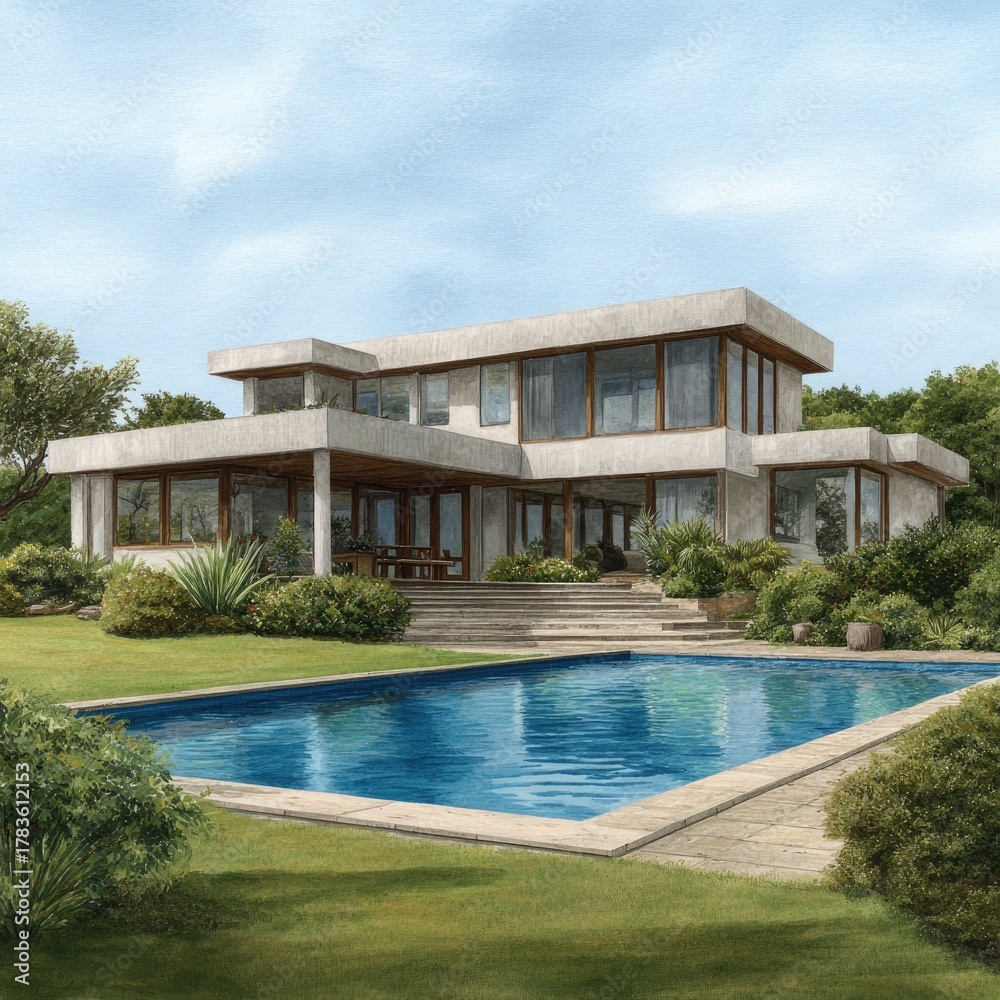 Fototapeta premium Modern concrete house with swimming pool and lush greenery