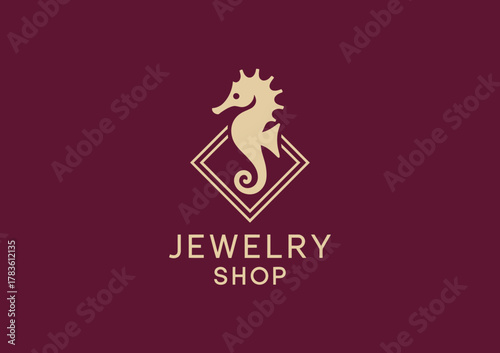 This image showcases an elegant logo featuring a seahorse inside a diamond shape, perfect for a jewelry shop highlighting uniqueness and underwater beauty.