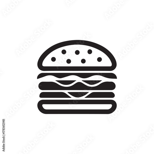 Silhouette style minimal burger t-shirt design featuring clean black vector art of a tasty burger, perfect for food lovers, fast-food fans, minimalist art enthusiasts, restaurant merch, and modern str