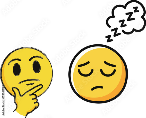 Stylized Yellow Emoji Faces Expressing Thinking and Sleeping on White