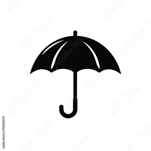 Isolated black umbrella icon with curved handle on transparent background protection