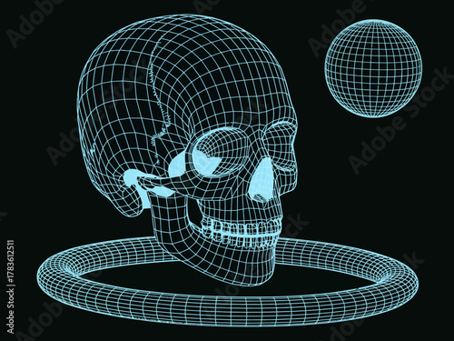 A striking 3D wireframe illustration showcases a skull and sphere, exploring themes of mortality, design, and geometry in an artistic and abstract manner.