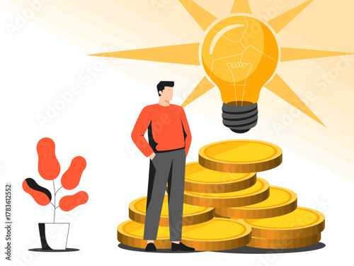 A conceptual representation of success and innovation, featuring a person standing beside stacks of coins with a glowing light bulb, symbolizing creativity and financial growth.