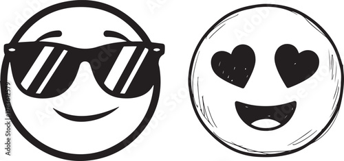 Black and White Doodle Emojis with Sunglasses and Heart Eyes