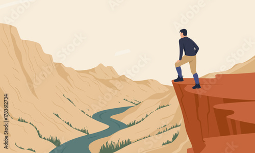 This image depicts a man standing on a cliff, gazing out over a picturesque mountain landscape, symbolizing adventure and contemplation in an inspirational setting.