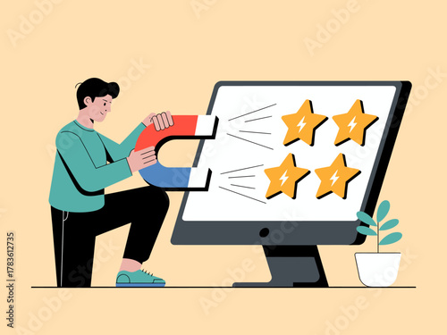 A creative representation of a person using a magnet to attract reviews and positive star ratings, emphasizing the importance of customer feedback and online reputation.