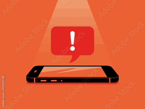 This digital illustration features a smartphone with an alert notification, rendered in vibrant orange, encapsulating the urgency of modern communication and technology.