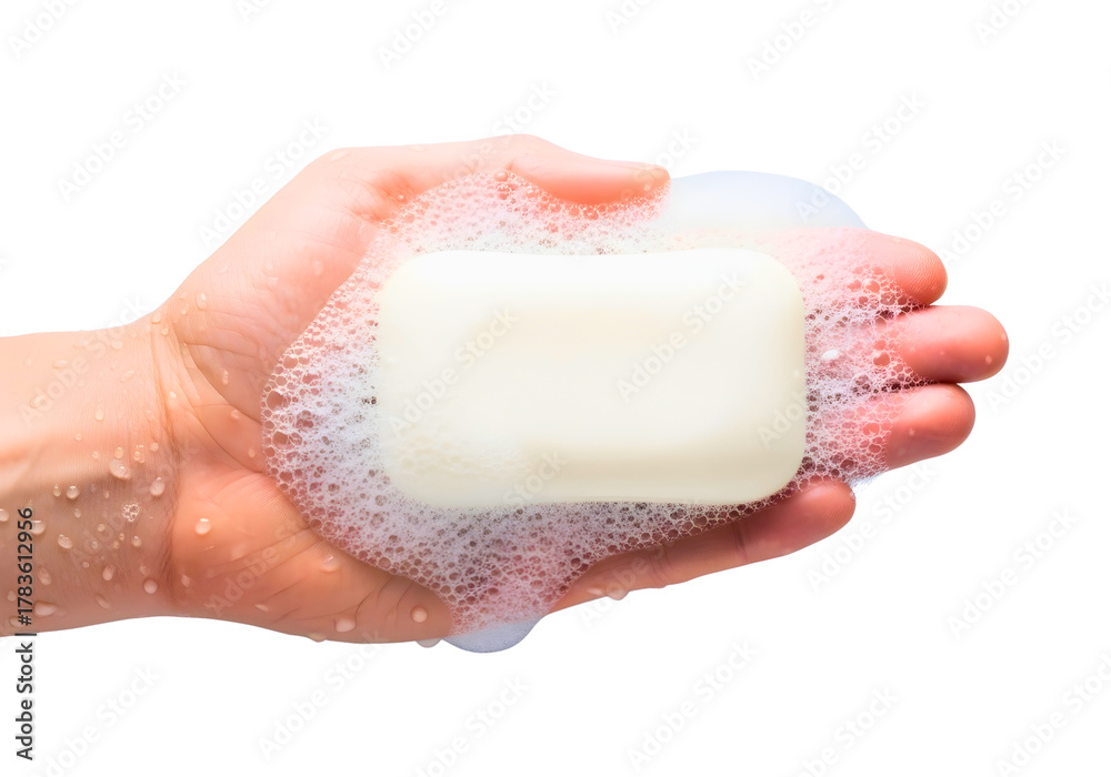 Fototapeta premium Hand holding a bar of soap with suds isolated on transparent background