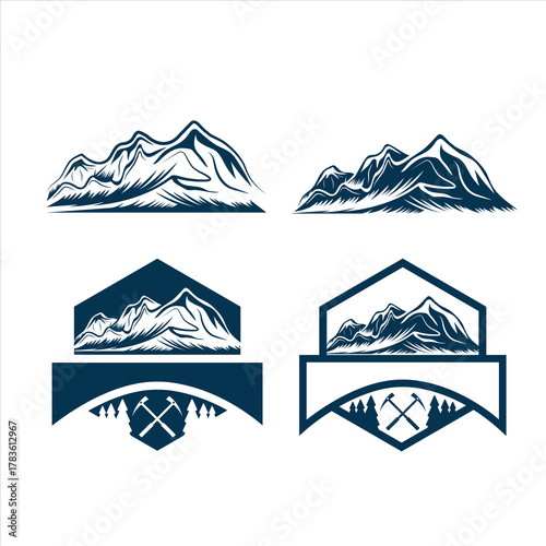 Blue Mountain Range Badge Logo Set With Forest Elements