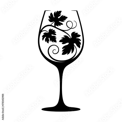 elegant wine glass silhouette illustration adorned with swirling vine leaves as refined decorative artwork