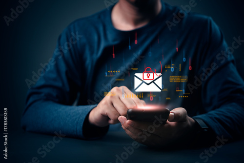 Cybersecurity threat, phishing email scam concept. Man hand on phone, data breach danger. Hacker attack, internet fraud, password stealing. Spam message, virus, security risk warning.