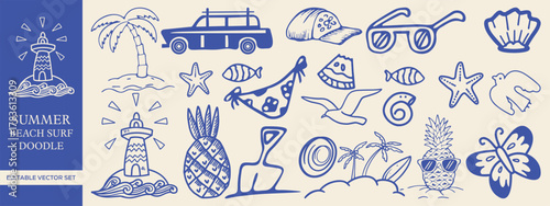 Hand drawn Summer Beach Doodle Set Surf, Tropical Elements, and Coastal Graphics for T-shirts, Posters, and Prints