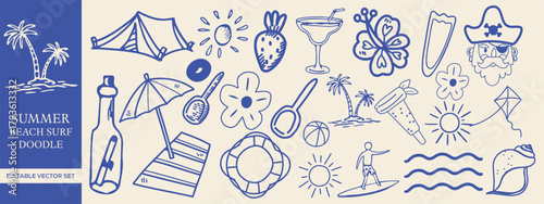 Hand drawn Summer Beach Doodle Set Surf, Tropical Elements, and Coastal Graphics for T-shirts, Posters, and Prints