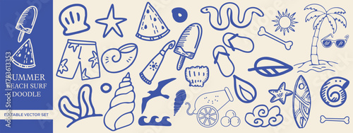 Hand drawn Summer Beach Doodle Set Surf, Tropical Elements, and Coastal Graphics for T-shirts, Posters, and Prints
