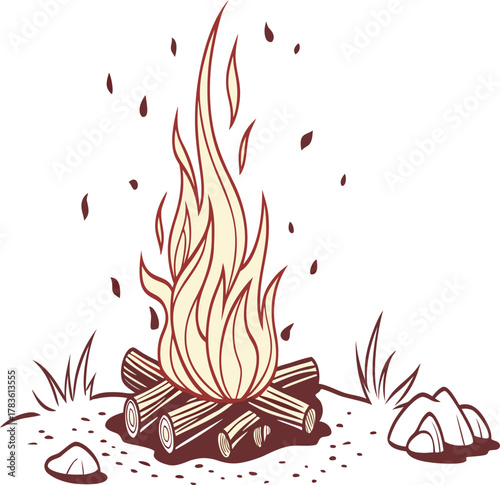 Cartoon campfire with logs and flames burning brightly in an outdoor setting