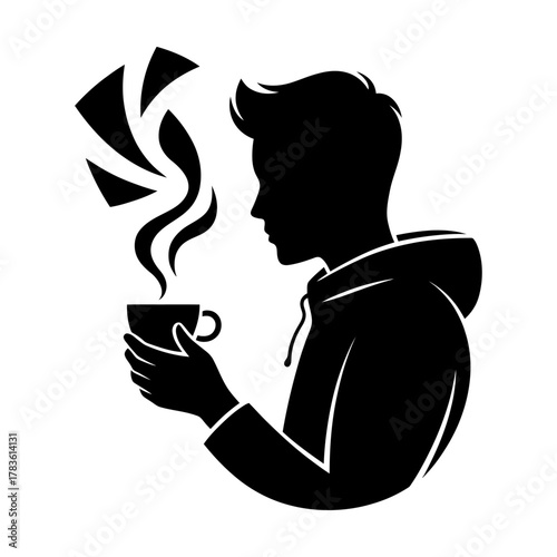 silhouette of young man drinking hot coffee from cup wearing hoodie black and white vector illustration