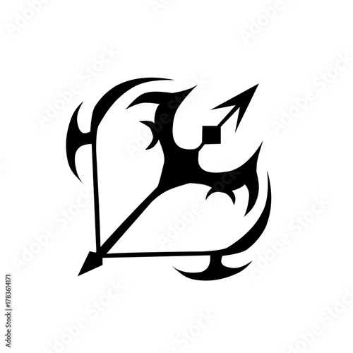 A fierce, stylized black bow and arrow symbol with sharp, tribal edges. A dynamic emblem of precision, power, aim, and the Sagittarius zodiac sign.