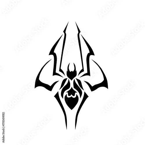 A fierce, stylized black spider symbol in a tribal, spiky design. A powerful and intimidating emblem of danger, darkness, and mystery for gaming and apparel.