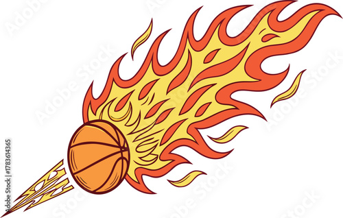Cartoon basketball engulfed in flames hurtling through the air with great speed