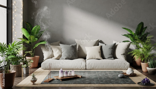 Serene Meditation Space Cozy cushions, lush plants, and calming incense, a sanctuary for peace
