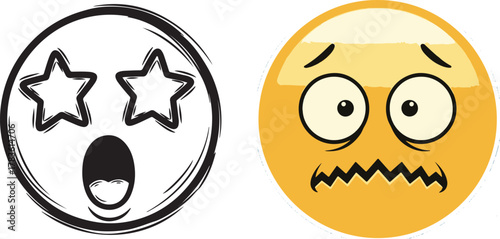 Two Contrasting Emojis: Hand-drawn Amazed and Cartoon Nervous Faces