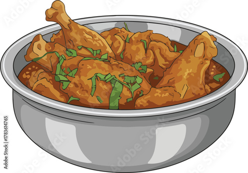 Chicken Masala food in a steel bowl vector cartoon illustration