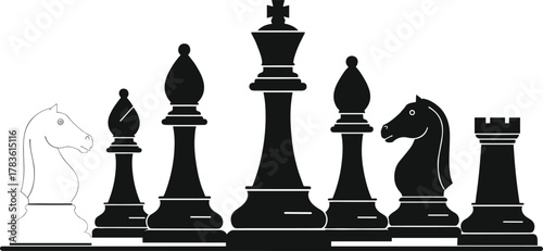Chess piece lineup silhouette, king bishop knight rook pawn design, strategic board game vector illustration, elegant black white chess artwork catalog