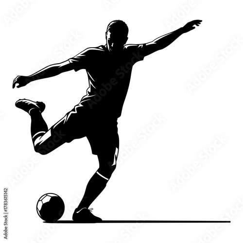 black silhouette soccer player kicking football in dynamic action pose isolated on white