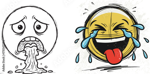 Expressive Comic Style Emoticons: Sick Vomiting and Laughing Crying Faces