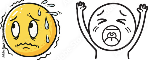 Vector Illustration Set of Worried Yellow Emoji and Screaming Outline Cartoon