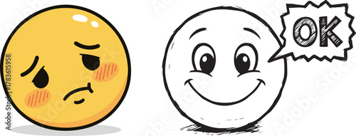 Cartoon Emoticons: Sad Yellow Face and Happy Sketchy OK Speech Bubble