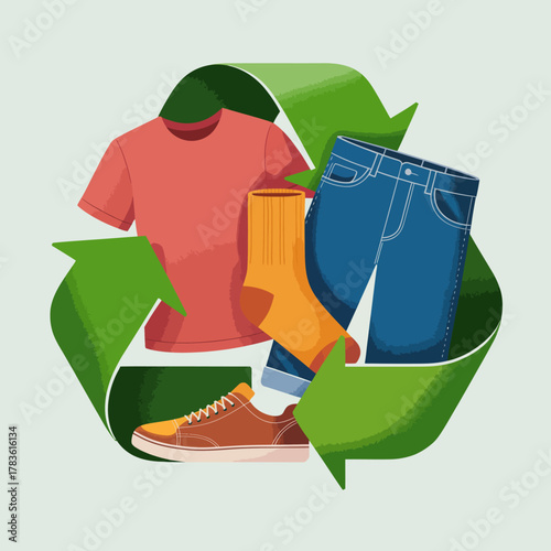 This image showcases various clothing items, including a shirt, jeans, socks, and sneakers, surrounded by a recycling symbol, promoting sustainable fashion choices.