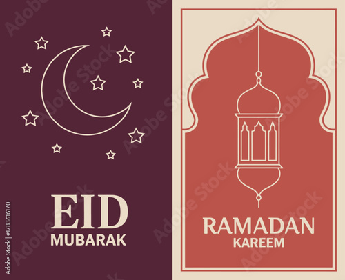 A beautifully designed greeting card for Eid, featuring a crescent moon and stars, conveying blessings and joy associated with the celebration of Ramadan and its significance.