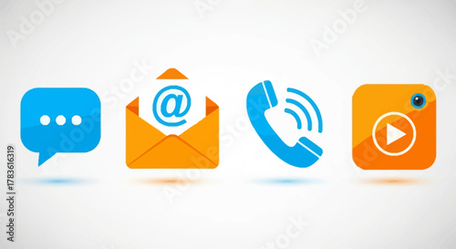 A vibrant set of four essential communication icons including message, email, phone, and video, styled with a modern graphic effect