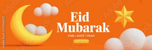 A colorful graphic celebrating Eid Mubarak, featuring traditional symbols like a crescent moon, clouds, and a star, embodying joy and togetherness of the festive season.