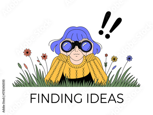 This illustration of a girl with binoculars amidst flowers embodies creativity and the quest for ideas, suggesting exploration and inspiration in a natural setting.