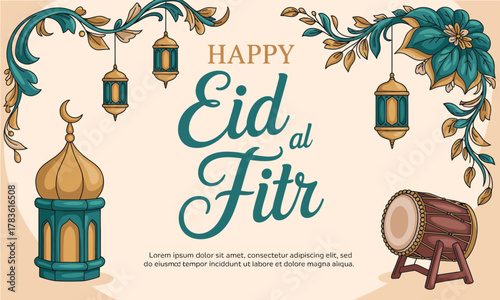 A charming Eid al-Fitr greeting card design featuring beautiful motifs, lanterns, and traditional elements, conveying festive wishes and joy for this significant celebration.
