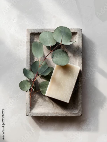 Minimal tray with natural soap and eucalyptus leaves on soft shadows, a clean and modern spa composition