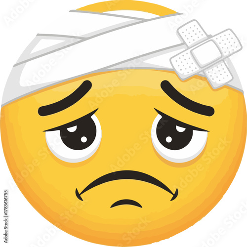 Yellow Cartoon Emoji with Sad Face and Head Injury Bandage