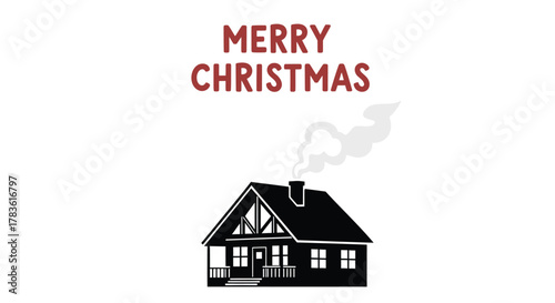 Cozy christmas cabin with smoke from chimney and merry christmas text illustration