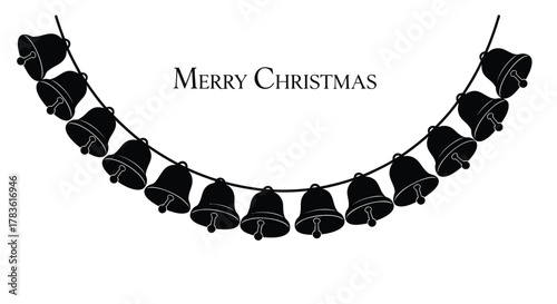 Simple black silhouette of a garland of christmas bells with merry christmas text on white background