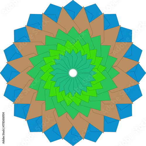 Geometric Kaleidoscope Mandala Pattern in Green Blue and Brown Tones Abstract Art