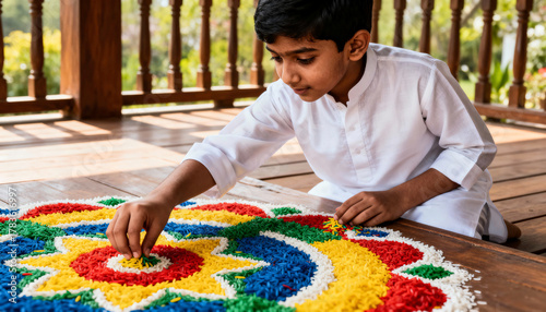 Young boy creating colorful rangoli art outdoors