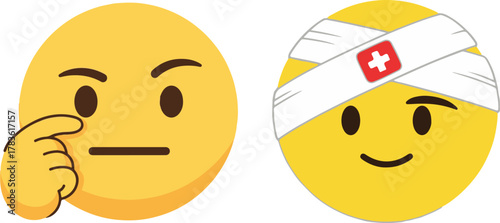 Yellow Emoji Faces Showing Thoughtful and Bandaged Expressions on White