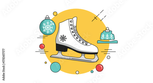A festive winter illustration showcasing a white ice skate with a snowflake, a Christmas ornament, and a cozy hat in a minimalist flat design.