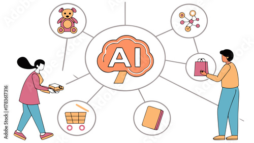 AI in Modern Retail and Consumer Goods Vector, Illustration showcasing AI at the center of a web of connections to various retail and consumer goods, with people interacting with products