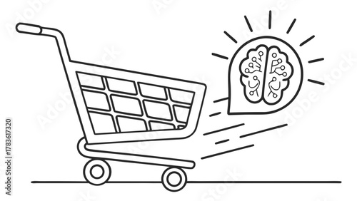 Smart Shopping Cart with AI Brain Vector,  line-art illustration of a shopping cart with an AI brain icon next to it, symbolizing smart or AI-powered shopping